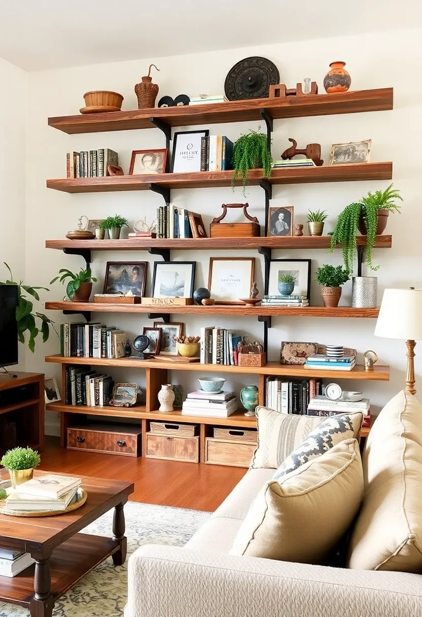 21 English Cottage Living Room Ideas That’ll Make You Feel Right at Home! - 9. Rustic Shelving Solutions